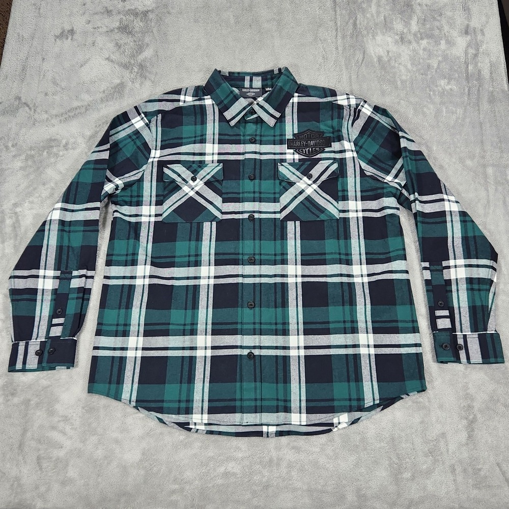 Harley-Davidson Shirt Mens XL Green Plaid Flannel Long Sleeve Button Front Logo